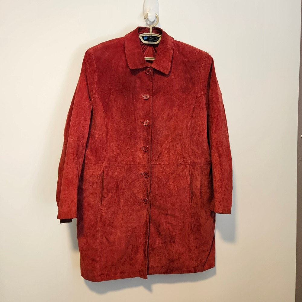 Red Leather Coat 2X Button Front Holiday Whimsigoth 90s Bold Trench